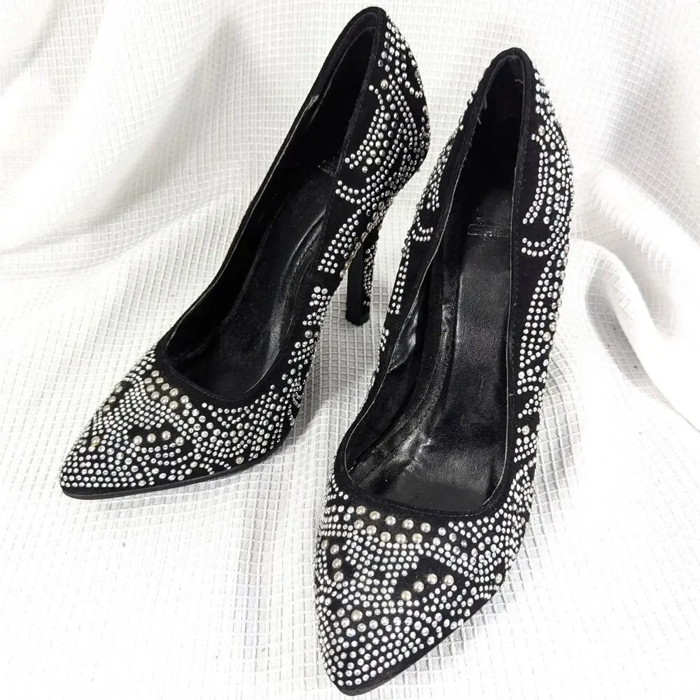 SHIEKH! GORGEOUS BLACK VEGAN SUEDE RHINESTONE PATTERNED PUMPS, HEELS! SZ 6.5